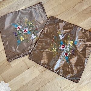 Free Cushion Covers Pillow Cases Gold & Floral Embroidery 16”x16” Set 2 NWT